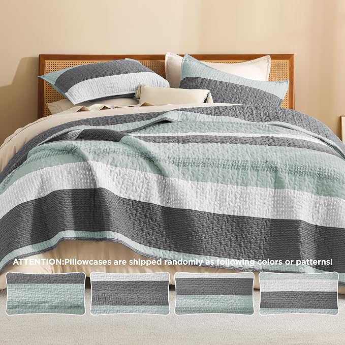 Litanika Quilt Queen Size Sage Green, Stripe Patchwork Summer Bedspread - Image 5