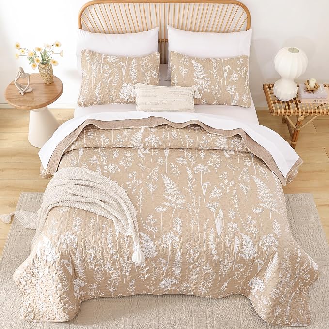 JANZAA Quilts Queen Size Taupe Quilt Botanical - Image 7