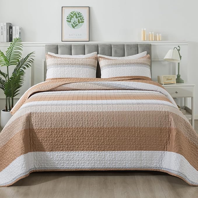 Andency Taupe Striped Quilt Queen, 3 Pieces Patchwork Bedspread Coverlet Set - Image 9