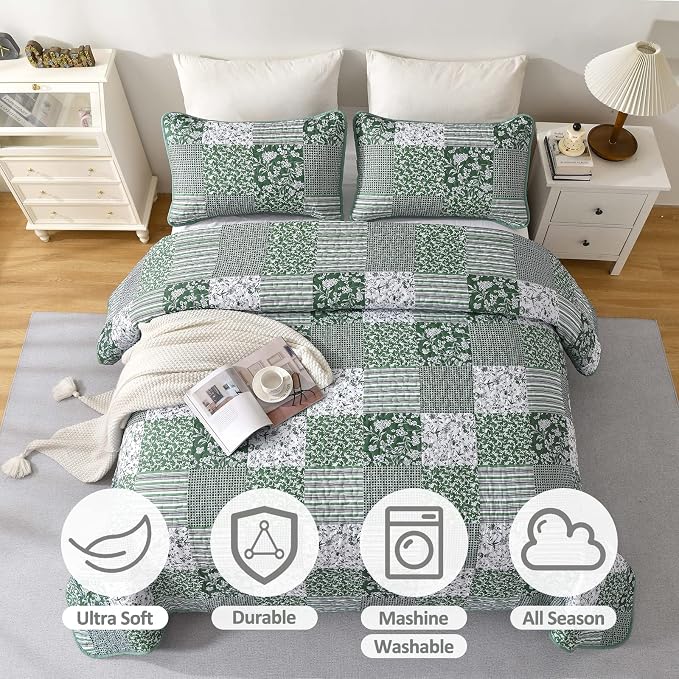 Mybedsoul Green Boho Queen Quilt Set, 3-Piece Reversible Soft Plaid Floral - Image 3
