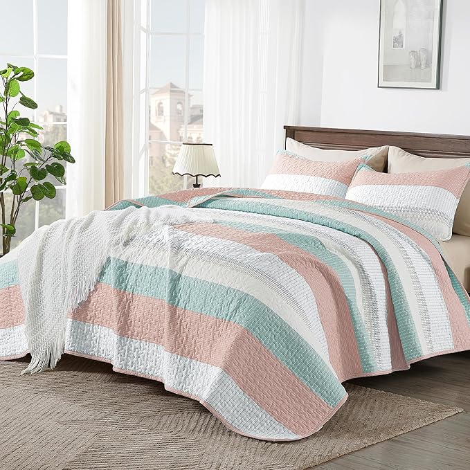 Andency King Size Quilt Set Pink Green, 3 Pieces Summer Ultra Soft Lightweight - Image 2