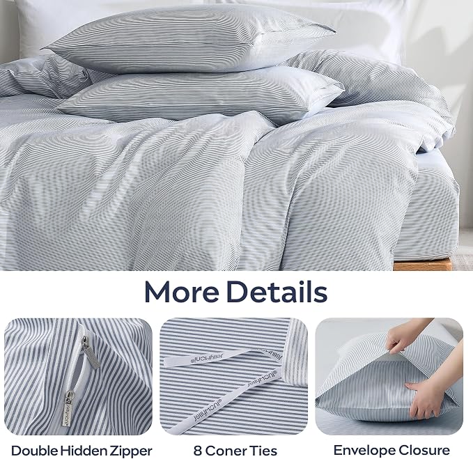 JELLYMONI 100% Natural Cotton 3pcs Striped Duvet Cover Sets, - Image 5