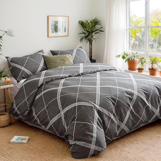 TOCOMOA Plaid Duvet Cover Set 100% Natural Cotton Soft Comfy Breathable 3 Piece - Image 2