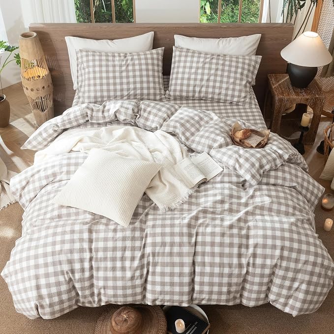 MooMee Gingham Duvet Cover Set 100% Washed Cotton Linen Like Textured - Image 4