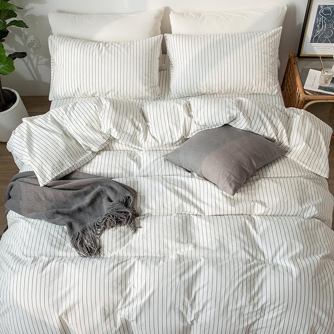 MooMee Striped Duvet Cover Set 100% Washed Cotton Linen Like Textured - Image 5