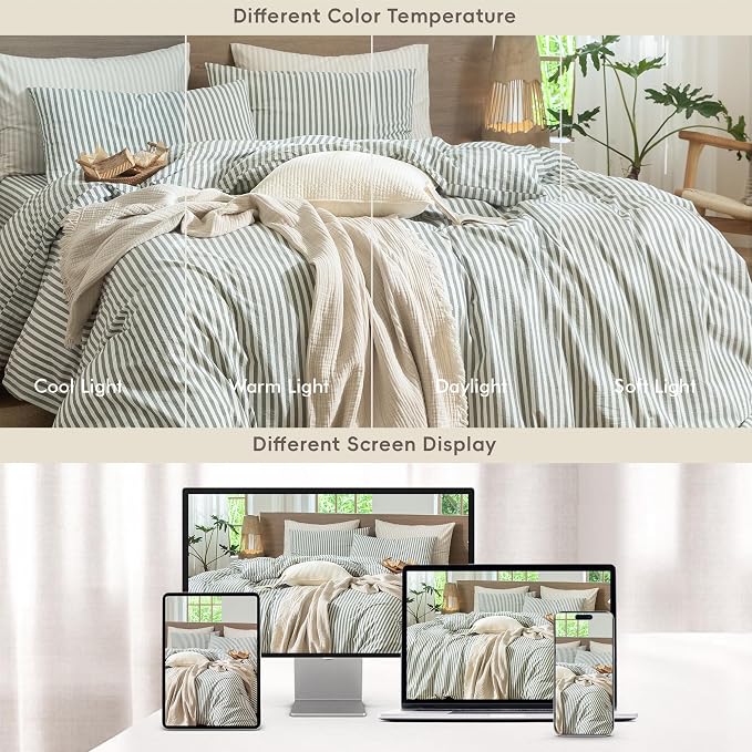 MooMee Striped Duvet Cover Set 100% Washed Cotton Linen Like Textured - Image 7