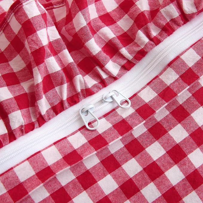 Silnuo Red/White Checkered Ruffle 3-Piece Duvet Cover Set Queen Size, Washed - Image 4