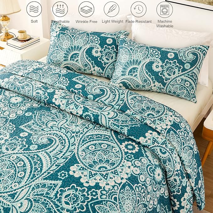 Whale Flotilla Reversible Printed Quilt King Size, Extra Soft Boho Paisley - Image 3