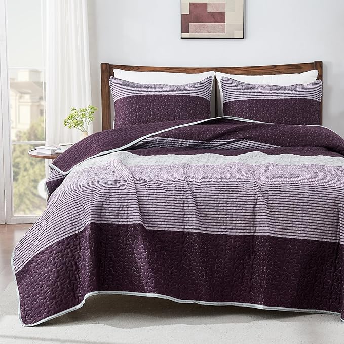 Andency Stripe Quilt Set Cal King, 3 Pieces Purple and Grey Striped Bedspread by Andency