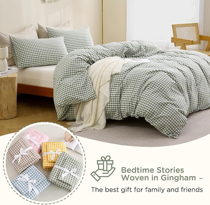TOCOMOA Green Gingham Duvet Cover Bedding Set 100% Washed Cotton Like Linen - Image 7