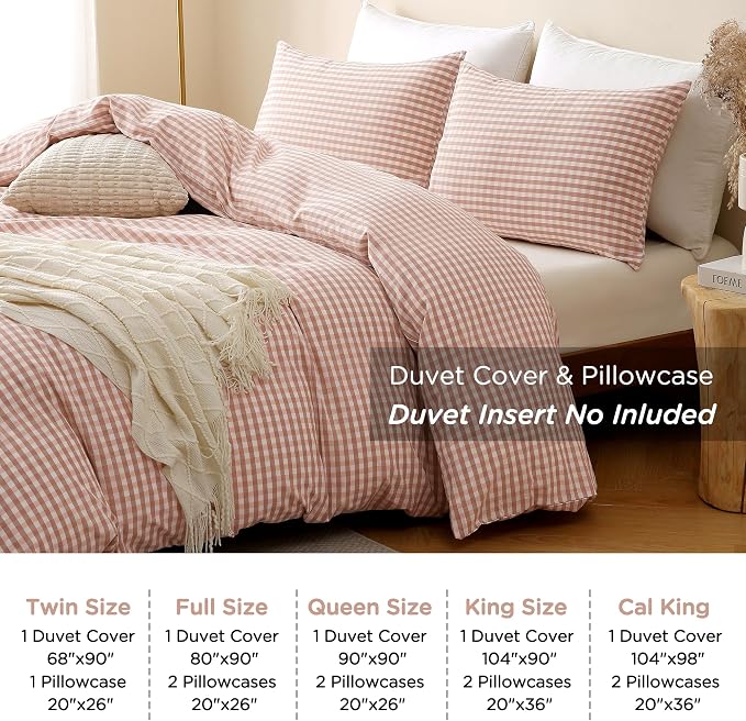 TOCOMOA Pink Tan Gingham Duvet Cover Bedding Set 100% Washed Cotton Like Linen - Image 8