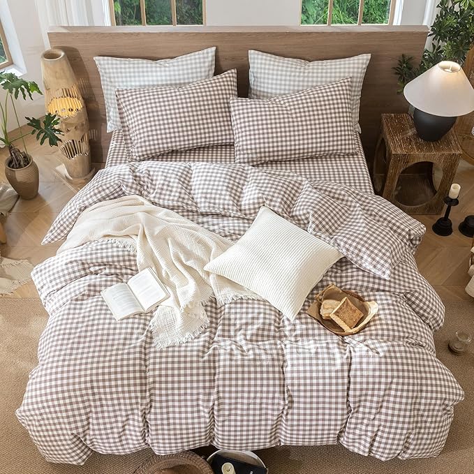 MooMee Gingham Duvet Cover Set 100% Washed Cotton Linen Like Textured - Image 5