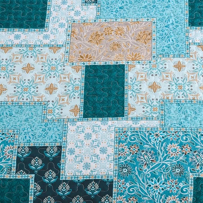 Xruibed Teal Quilt Set Queen Size 3 Pieces Plaid Floral Boho Bedspread Coverlet - Image 6