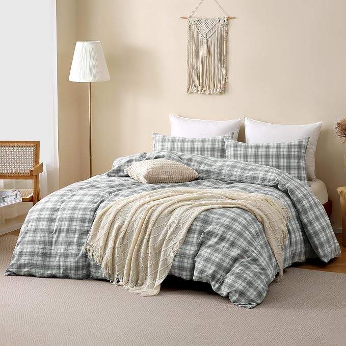 TOCOMOA Plaid Duvet Cover Set 100% Washed Cotton Like Linen Feel Super Soft - Image 2