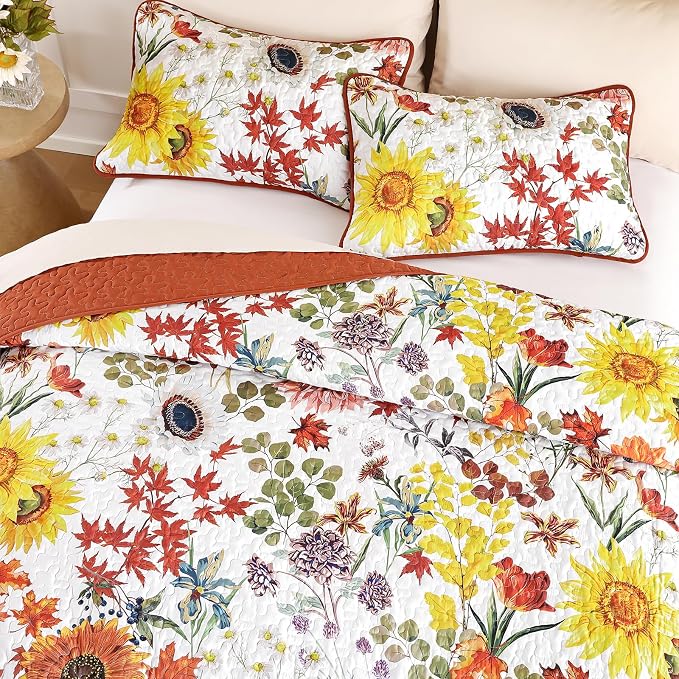 Yiran Fall Floral Quilt Set King Size, 3 Pieces Soft Lightweight Microfiber - Image 3