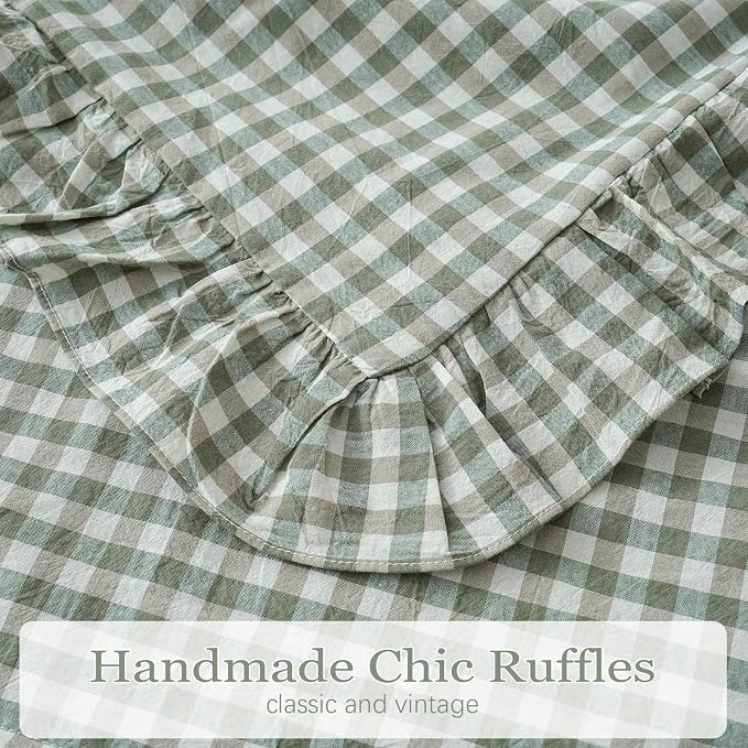 2 Pack Sage Green White Plaid Ruffle Euro Shams Pillow Covers 26x26 inches - Image 6
