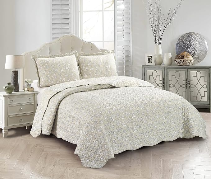 Brilliant Sunshine Classic Grey Floral Toile in Beige Background, 3-Piece Quilt - Image 6