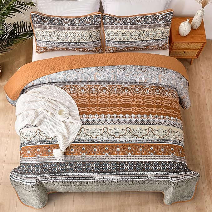 WONGS BEDDING Boho King Quilt Set, Fall Lightweight Bed Decor Bedspread - Image 3