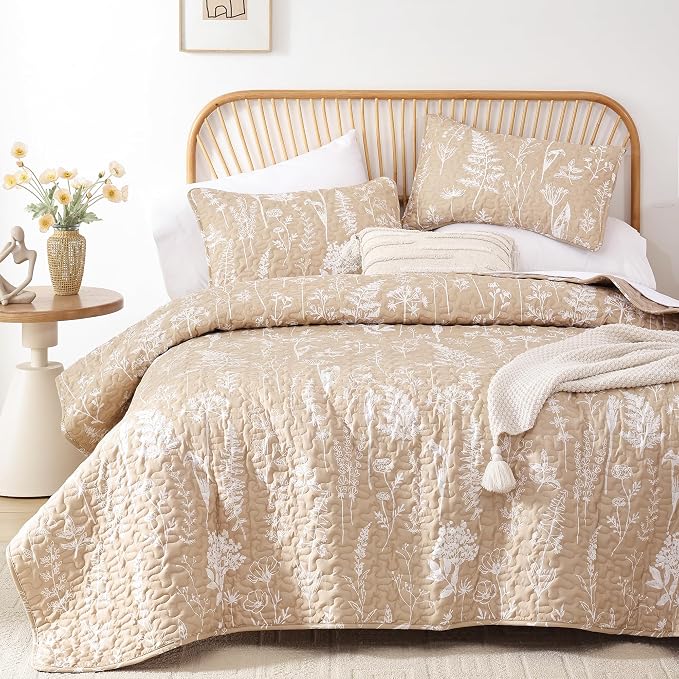 JANZAA Quilts Queen Size Taupe Quilt Botanical - Image 5