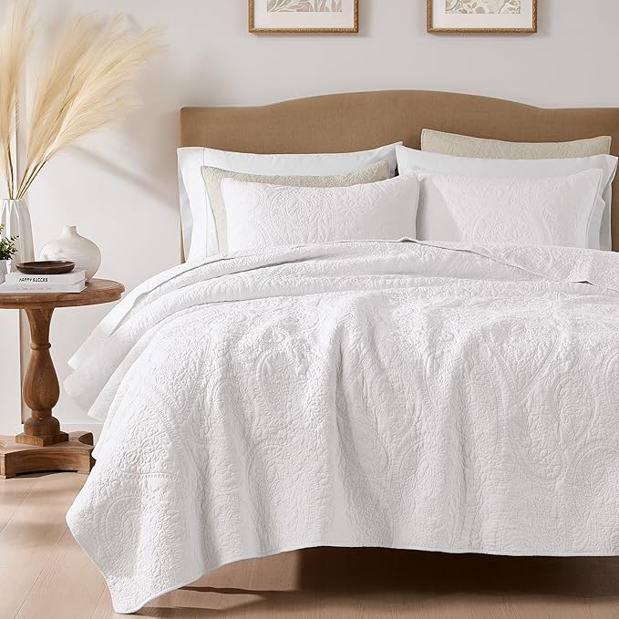 PALASSIO White Paisley 100% Cotton Quilt California Cal King Size Bedding Sets by PALASSIO