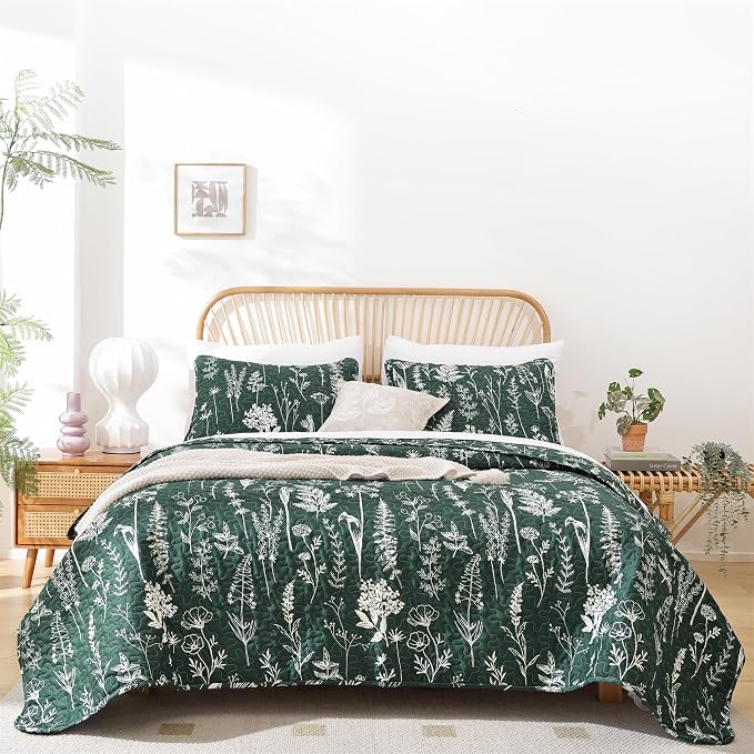 JANZAA Quilts Queen Size Emerald Green Floral Queen Quilt Bedding Set - Image 5