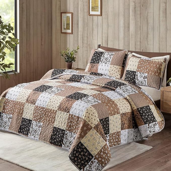 Mybedsoul Brown Quilt Set Twin Size, 2 Pieces Plaid Floral Bedspread Set - Image 2
