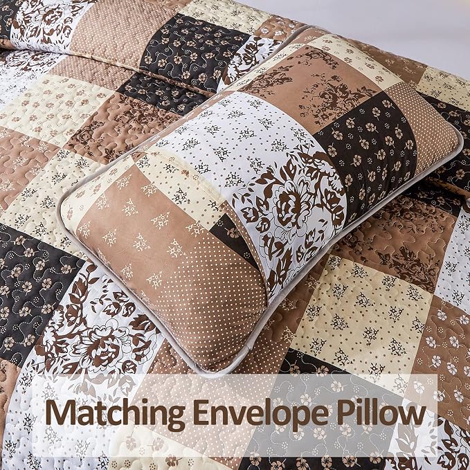 Mybedsoul Khaki Quilt Set King Size Quilt Bedding Set Brown Plaid, 3 Pieces - Image 6