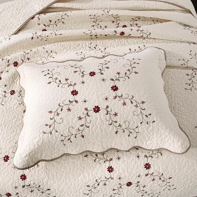 Quilt Set Floral Leaves 3D Embroidery Pattern 3 PCS Cotton Reversible Quilted - Image 5