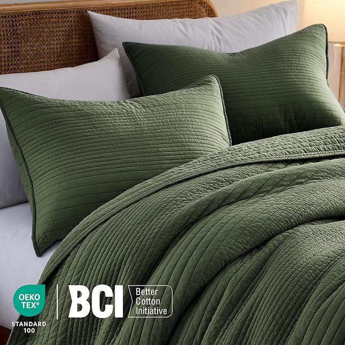palassio Striped Olive Green 100% Cotton Quilt California Cal King Size Bedding - Image 3