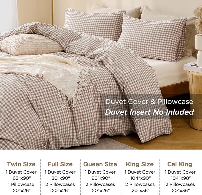 TOCOMOA Tan Gingham Duvet Cover Bedding Set 100% Washed Cotton Like Linen Feel - Image 8