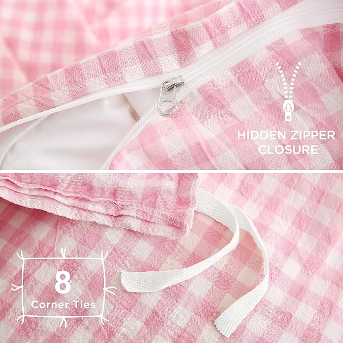 TOCOMOA Pink Gingham Duvet Cover Bedding Set 100% Washed Cotton Like Linen Feel - Image 6