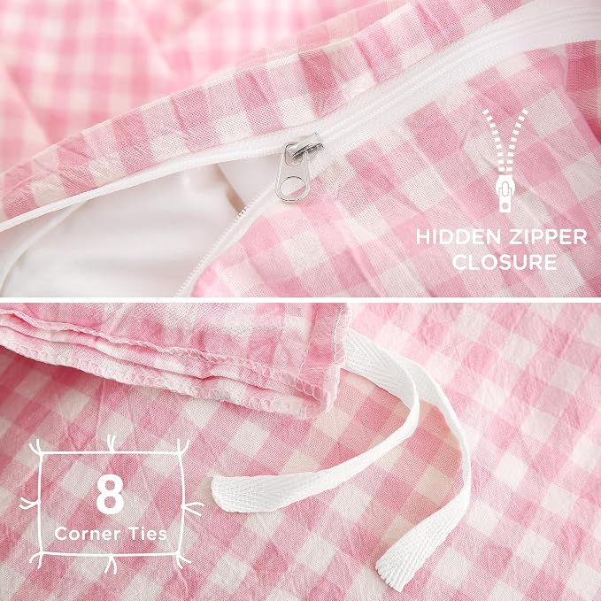 TOCOMOA Pink Gingham Duvet Cover Bedding Set 100% Washed Cotton Like Linen Feel - Image 6