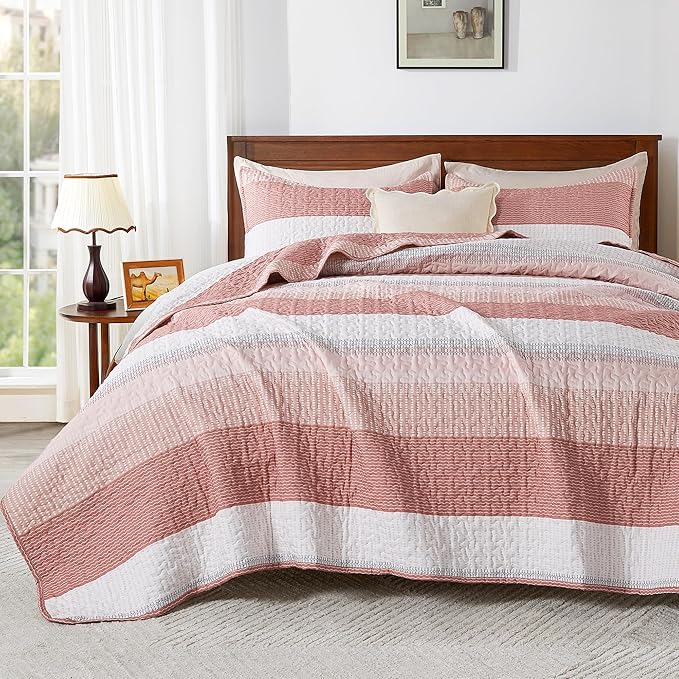 Andency Queen Quilt Bedding Set Blush Pink, 3 Pieces Patchwork Summer Striped by Andency