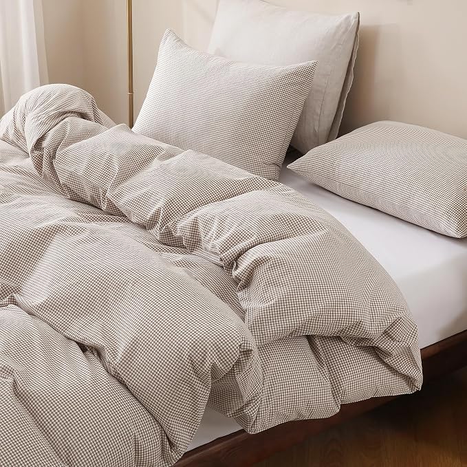TOCOMOA Mini Gingham Tan Duvet Cover Bedding Set 100% Washed Cotton Like Linen by TOCOMOA