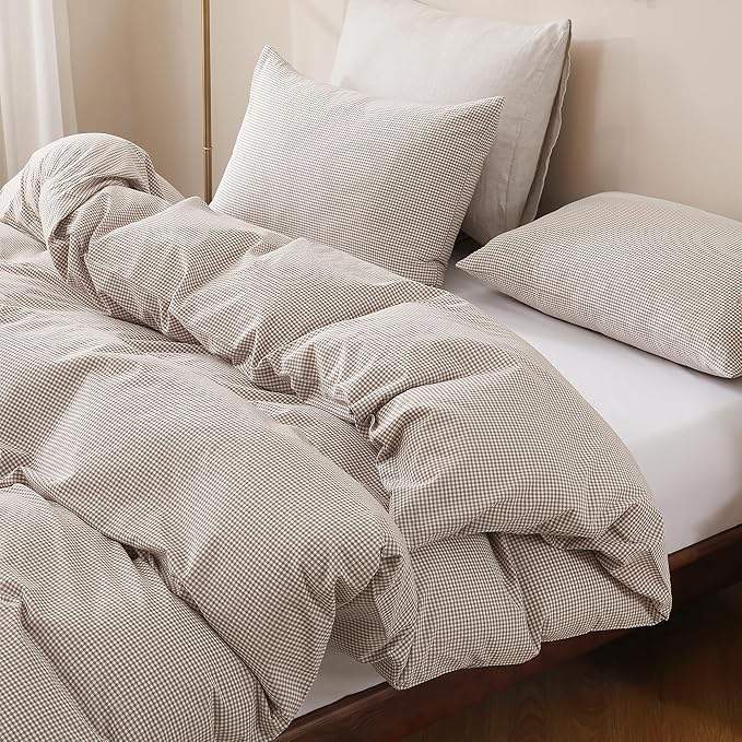 TOCOMOA Mini Gingham Tan Duvet Cover Bedding Set 100% Washed Cotton Like Linen by TOCOMOA