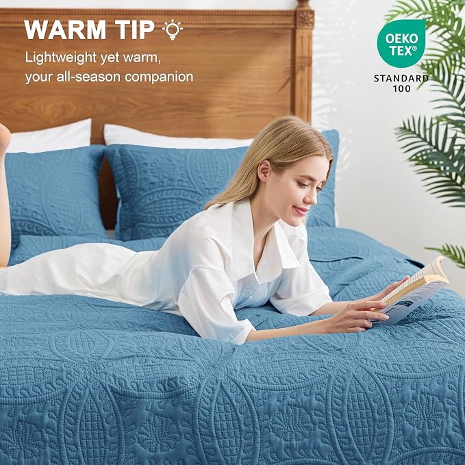 Love's cabin California King Size Quilt Bedding Set Misty Blue Bedspreads - Image 4