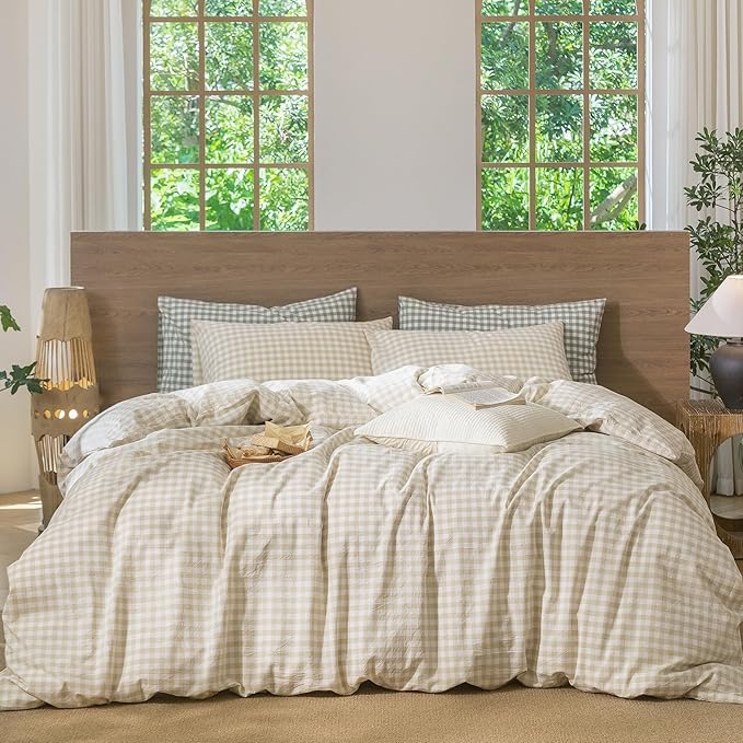 MooMee Gingham Duvet Cover Set 100% Washed Cotton Linen Like Textured by MOOMEE