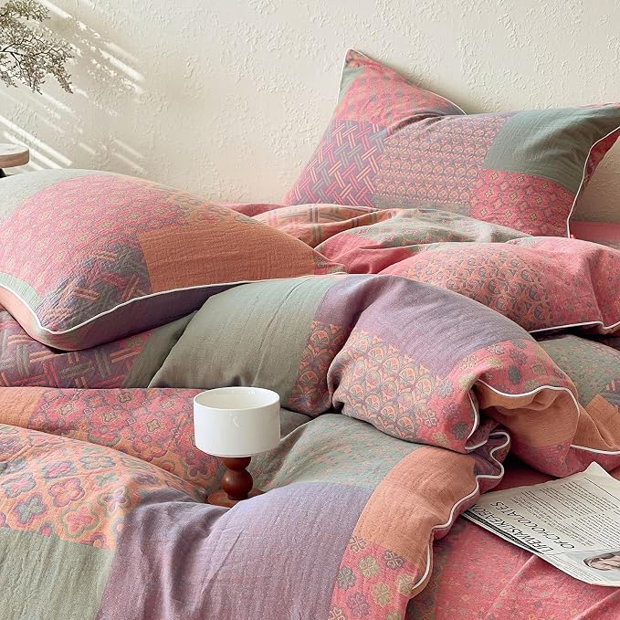mixinni 100% Cotton Double Layer Yarn Duvet Cover Set, Vintage Patchwork Floral - Image 5