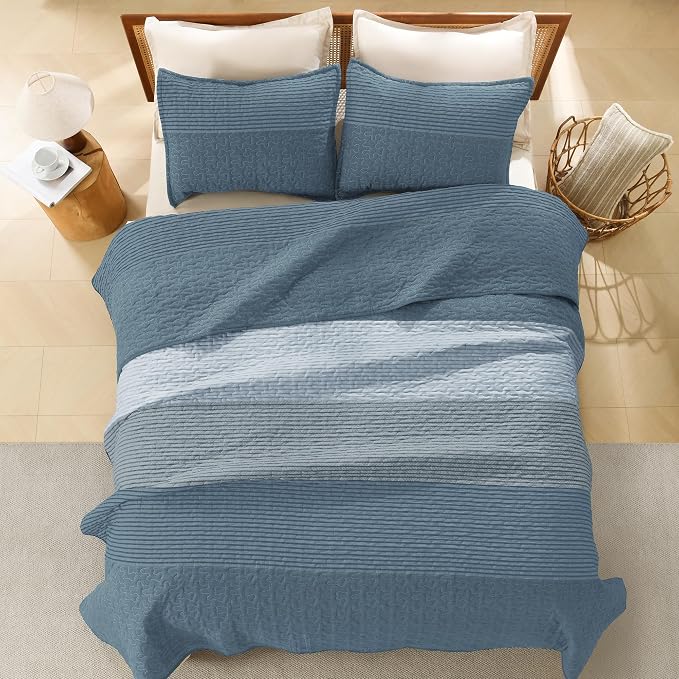 Litanika Oversized Queen Quilt Set Blue Linen, 98x98 Stripe Bedspread Coverlet - Image 3