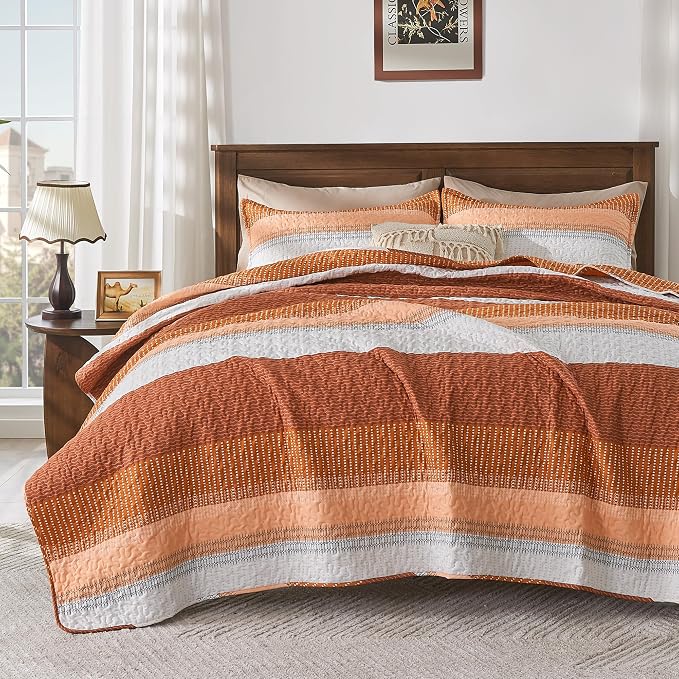 Andency Orange Quilt King, 3 Pieces Patchwork Striped Bedspread Coverlet Set by Andency