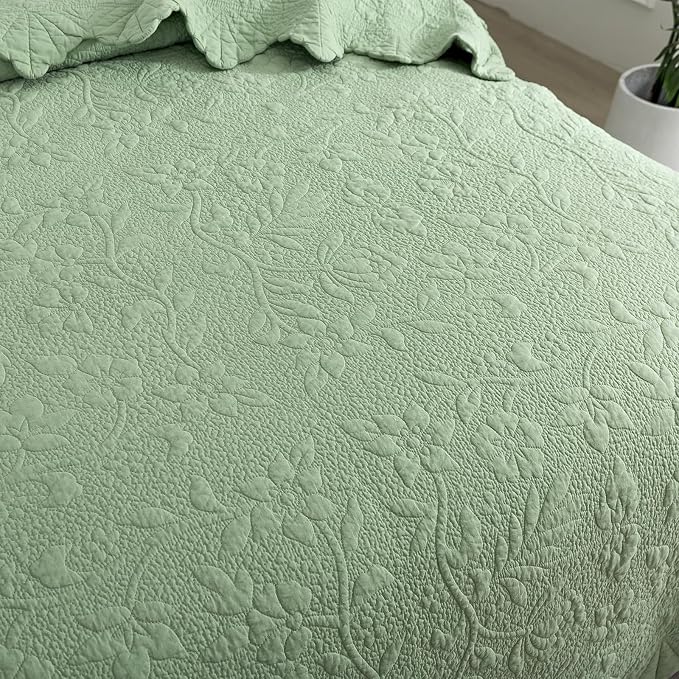 Brandream Luxury King Quilt Set Cotton Sage Green Floral Vine Stitching - Image 3
