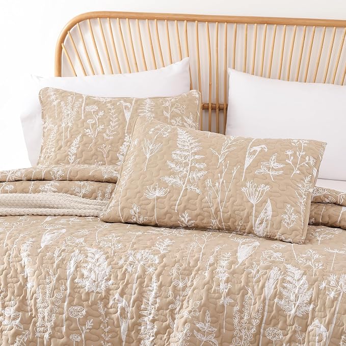 JANZAA Quilts Queen Size Taupe Quilt Botanical - Image 3
