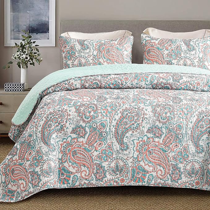 Exclusivo Mezcla Reversible Boho Quilts King Size, Aqua Bedspreads Lightweight by ExclusivoMezcla