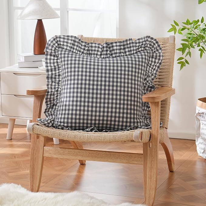 2 Pack Grey/White Plaid Ruffled Throw Pillow Sham 20 x20 inches, Washed Cotton - Image 3