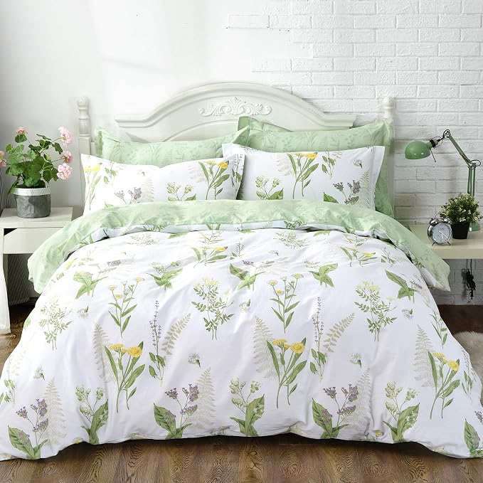 FADFAY Duvet Cover Set Queen Shabby Green Daisy and Lavender Flowers 100% Cotton - Image 3