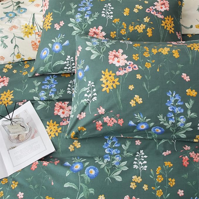 PinkMemory Green and White Floral Duvet Cover King 100% Cotton Reversible Green - Image 6