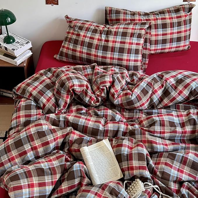 mixinni Vintage Red & Brown Buffalo Plaid Duvet Cover Set Full Size by mixinni