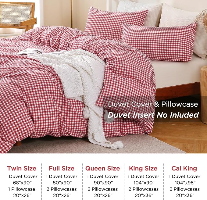 TOCOMOA Red Gingham Duvet Cover Bedding Set 100% Washed Cotton Like Linen Feel - Image 8
