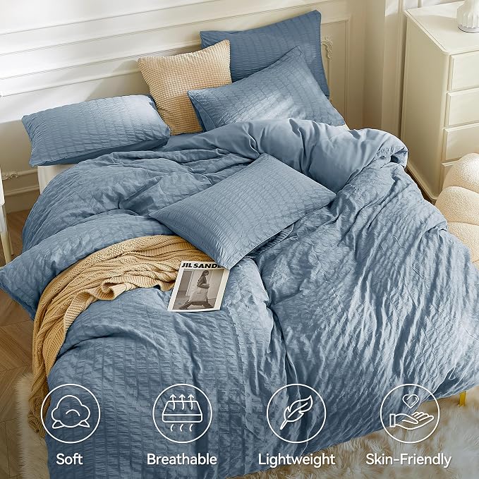 JELLYMONI Sierra Blue Duvet Cover Full Size, Soft Breathable Seersucker Duvet - Image 2