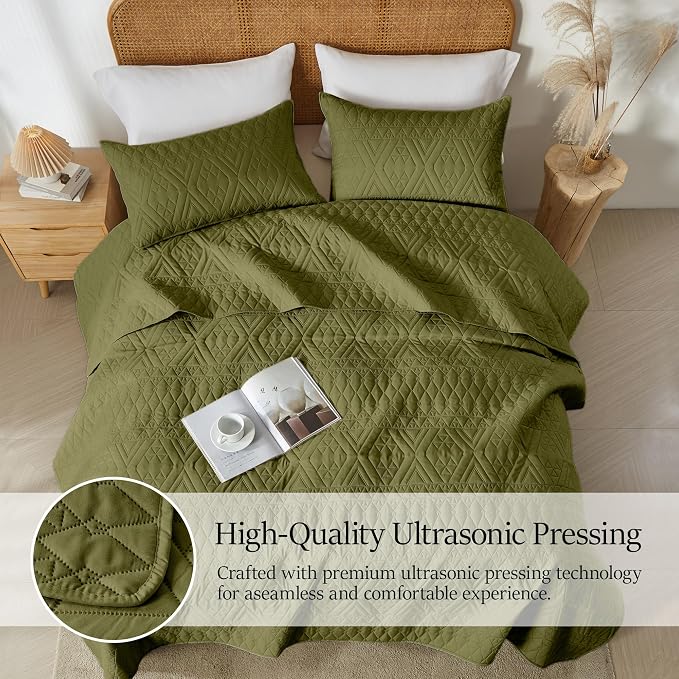 akkialla Full/Queen Size Quilt Bedding Set, Olive Green Lightweight Microfiber - Image 5